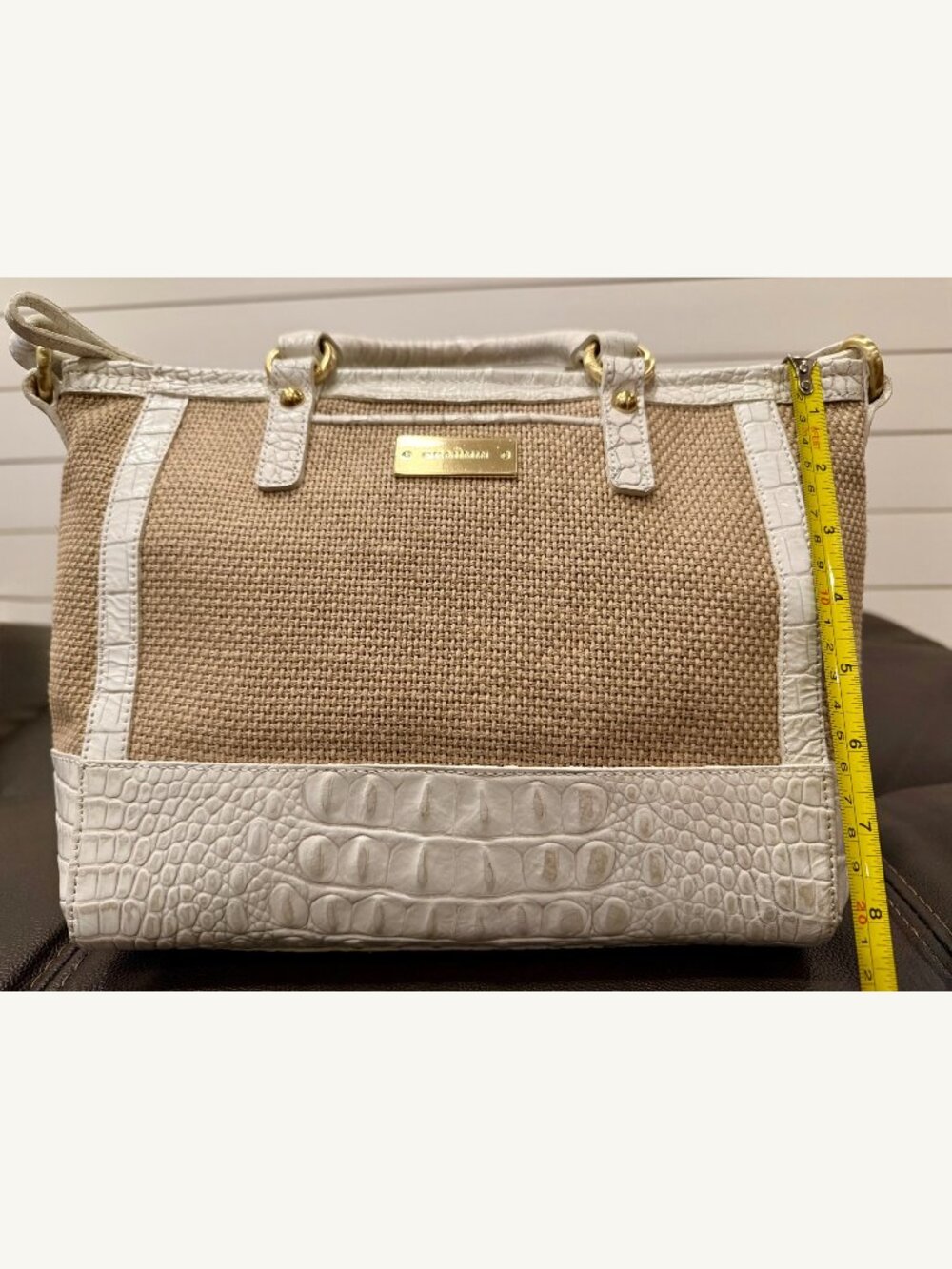 Brahmin White Croc Embossed Leather & Woven Straw Satchel Shoulder Bag - Picture 12 of 16